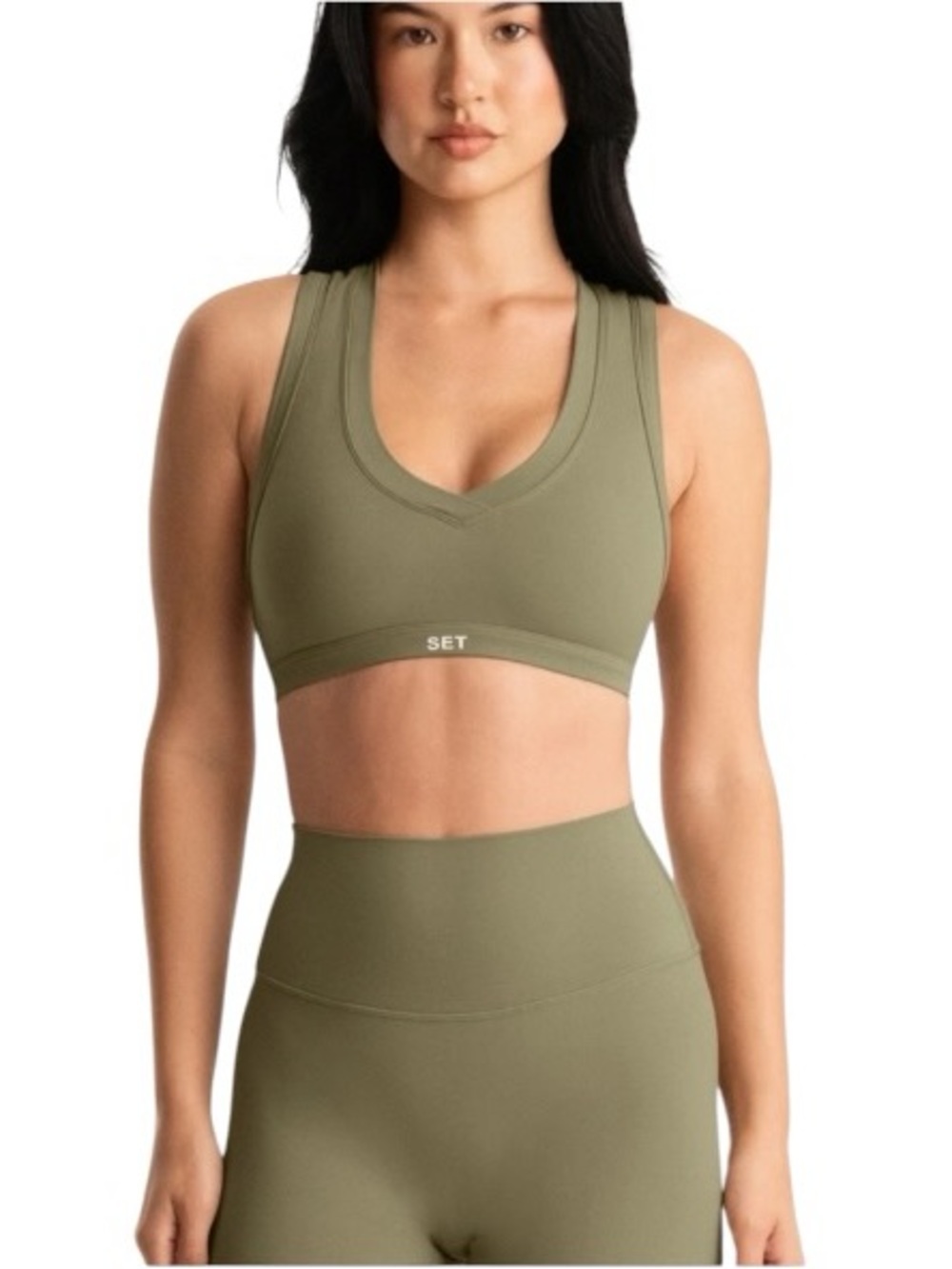 SET Active SCULPTFLEX V-Neck Racerback Sports Bra Olive Green Size Small
